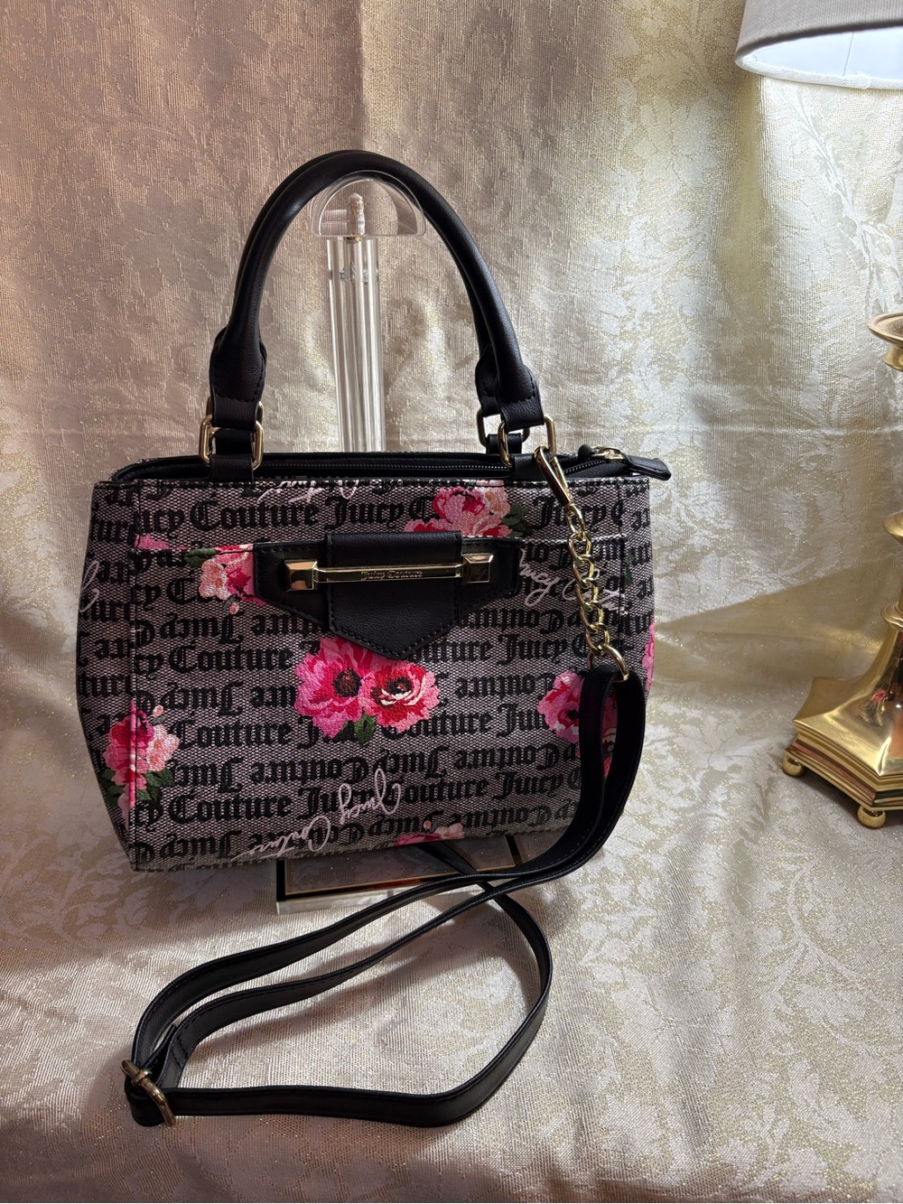 Juicy Couture “Word on the street” Black Logo Satchel with Pink Floral Print